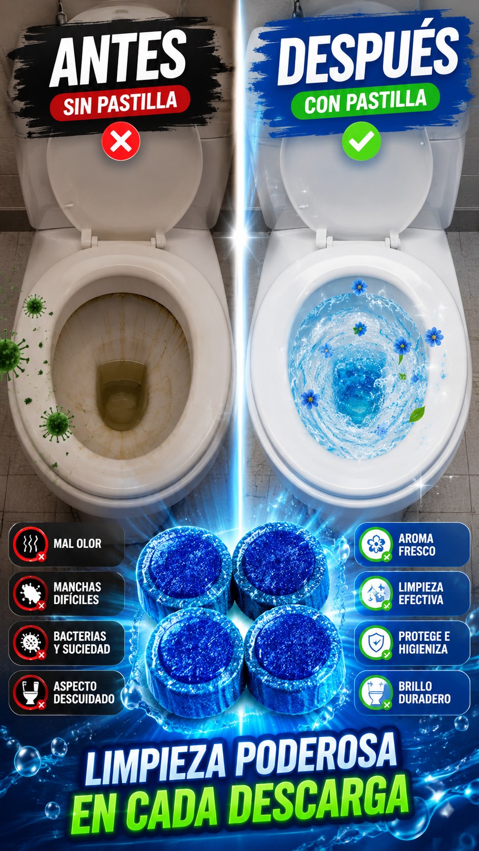 Burbuja Azul, pastillas limpiadoras automáticas de inodoro, RD$1,690